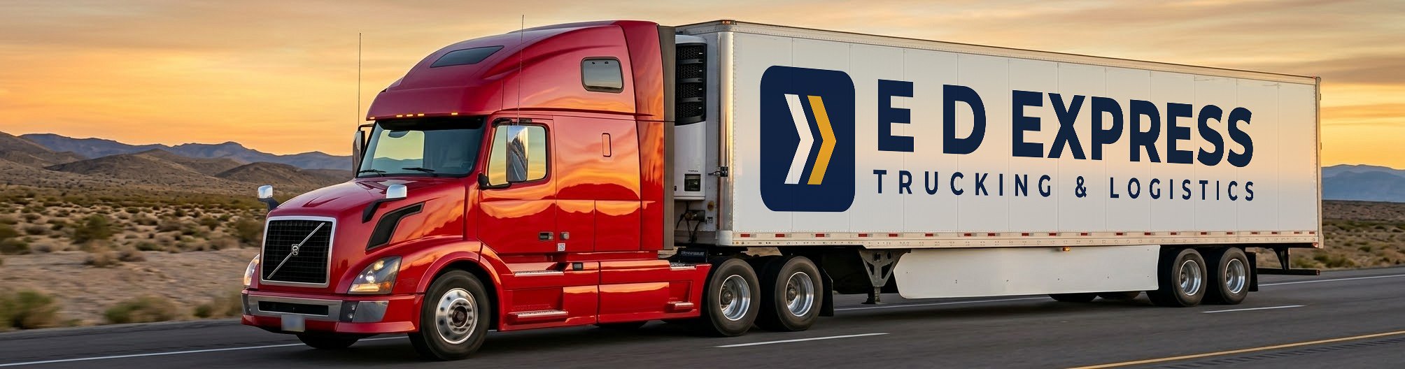 E D Express truck pulling a lettered 53-foot reefer trailer on a desert highway at sunset