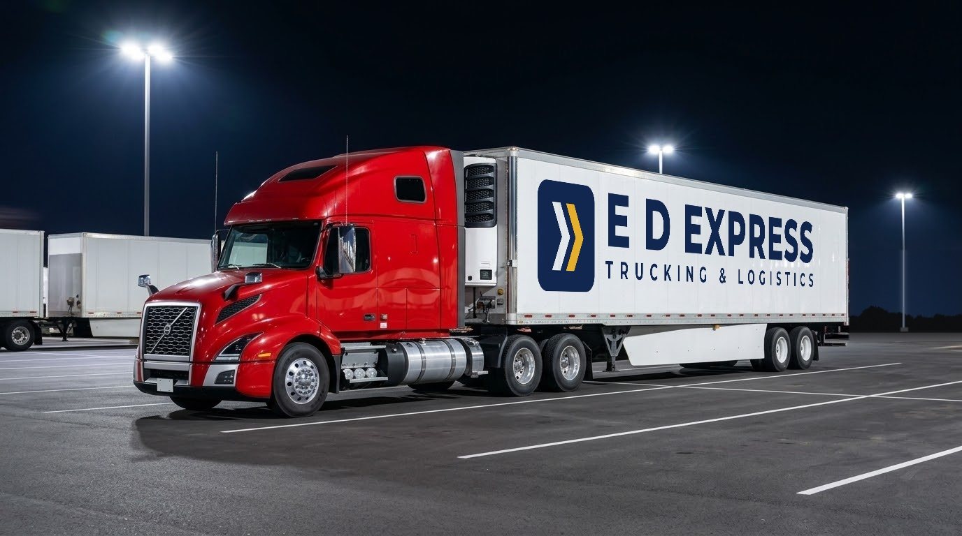 E D Express truck with a lettered reefer trailer parked under yard lights at night